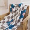 Half Fluffy Checkered Floral Blanket Soft Plush & Cozy All Season Throw For Sofa, Bed, Office Nap Green & White Grid With Pink Flowers Contemporary Home Decor, Throw Blanket For Couch