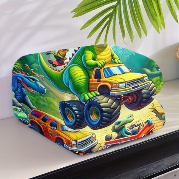 Cozy Dinosaur Truck Flannel Throw Blanket Versatile For All Seasons, Perfect For Naps & Car Use, Soft Polyester, Green