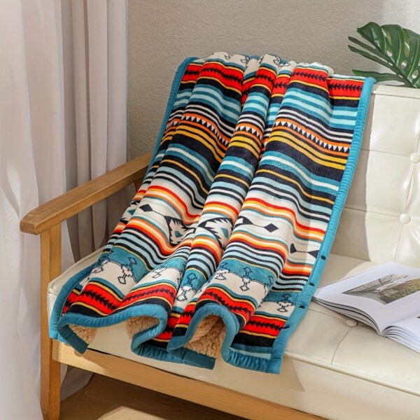 Nordic Bohemian Fleece Blanket Thickened Double Layer Warm Bedspread With Neutral Multicolor Stripes ( Nordic Color Palette) For Sofa, Bed, Couch & Camping All Season Cozy Bed Covering, Machine Washable