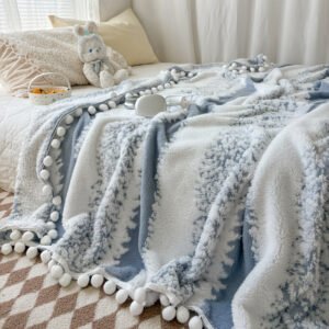 Double Color Jacquard Star Fleece Blanket With Pom Poms Soft Breathable All Season Bedspread, Geometric Pattern In Mixed Colors, Machine Washable Cottage Style Home Decor & Holiday Gift, Blanket For Bed, Cozy Bedroom Accessory