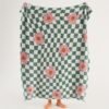 Half Fluffy Checkered Floral Blanket Soft Plush & Cozy All Season Throw For Sofa, Bed, Office Nap Green & White Grid With Pink Flowers Contemporary Home Decor, Throw Blanket For Couch