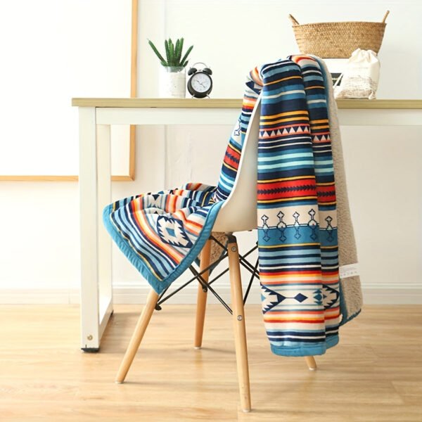 Nordic Bohemian Fleece Blanket Thickened Double Layer Warm Bedspread With Neutral Multicolor Stripes ( Nordic Color Palette) For Sofa, Bed, Couch & Camping All Season Cozy Bed Covering, Machine Washable