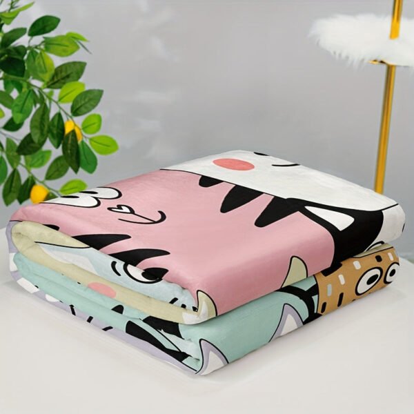 Rustic Style Cartoon Cat Faces Flannel Blanket High Gsm Soft Pastel Colors, Playful Animal Theme All Season Cozy Throw For Bed, Couch & Home Decor, Cat Blanket, Bed And Couch Accessory, Whimsical Design, Highquality Fabric