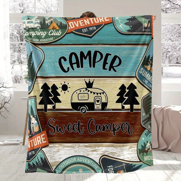 Classic Fashion Blanket, Retro Camping Theme Flannel Blanket, Soft Warm Throw Blanket Nap Blanket For Couch Sofa Office Bed Camping Travel, Multi Purpose Gift Blanket For All Season