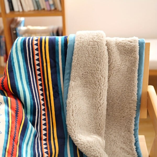 Nordic Bohemian Fleece Blanket Thickened Double Layer Warm Bedspread With Neutral Multicolor Stripes ( Nordic Color Palette) For Sofa, Bed, Couch & Camping All Season Cozy Bed Covering, Machine Washable